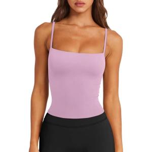 image:imageLASLULU Sports Bras for Women Square Neck Padded Adjustable Spaghetti Strap Backless Sleeveless Workout Long Tank TopsLight Pink