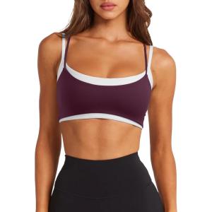 image:imageLASLULU Womens Double Layered Sports Bra Adjustable Spaghetti Straps Sexy Scoop Neck Wireless Padded Workout Yoga Crop TopsBurgundy