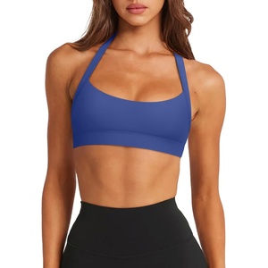 image:imageLASLULU Halter Sports Bras for Women Scoop Neck Workout Tops Padded Sleeveless Open Back Yoga Crop Gym Tank TopsKlein Blue