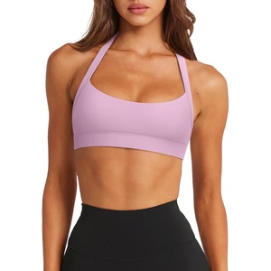 image:imageLASLULU Halter Sports Bras for Women Scoop Neck Workout Tops Padded Sleeveless Open Back Yoga Crop Gym Tank TopsLight Pink