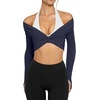 image:imageLASLULU Womens Long Sleeve Workout Tops Sexy Twist Front Bolero Shrugs Yoga Gym Ballet Wrap Tops Pilates OutfitsNavy Blue