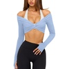 image:imageLASLULU Womens Long Sleeve Workout Tops Sexy Twist Front Bolero Shrugs Yoga Gym Ballet Wrap Tops Pilates OutfitsLight Blue