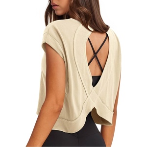 image:imageLASLULU Womens Athletic Open Back Short Sleeve TShirtBeige