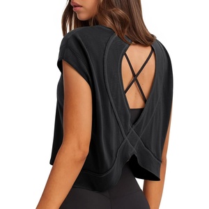 image:imageLASLULU Womens Athletic Open Back Short Sleeve TShirtBlack
