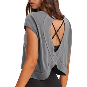 image:imageLASLULU Womens Athletic Open Back Short Sleeve TShirtGrey