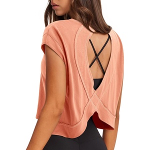 image:imageLASLULU Womens Athletic Open Back Short Sleeve TShirtOrange