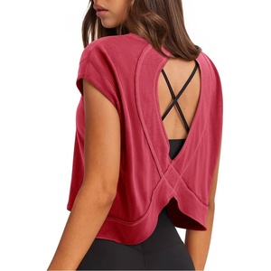 image:imageLASLULU Womens Athletic Open Back Short Sleeve TShirtRed