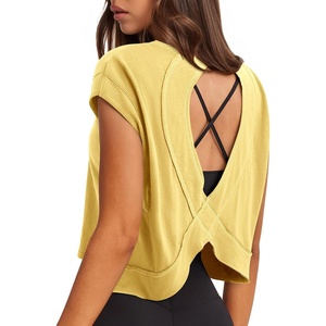 image:imageLASLULU Womens Athletic Open Back Short Sleeve TShirtYellow