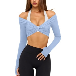 image:imageLASLULU Womens Long Sleeve Workout Tops Sexy Twist Front Bolero Shrugs Yoga Gym Ballet Wrap Tops Pilates OutfitsLight Blue