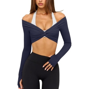 image:imageLASLULU Womens Long Sleeve Workout Tops Sexy Twist Front Bolero Shrugs Yoga Gym Ballet Wrap Tops Pilates OutfitsNavy Blue