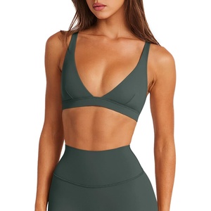image:imageLASLULU Womens Deep VNeck Sports Bra Padded Wireless U Back Workout Bra Low Impact Gym Workout Yoga Crop TopsForest Green