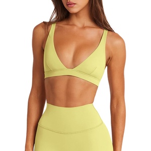 image:imageLASLULU Womens Deep VNeck Sports Bra Padded Wireless U Back Workout Bra Low Impact Gym Workout Yoga Crop TopsLemon Yellow