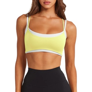 image:imageLASLULU Womens Double Layered Sports Bra Adjustable Spaghetti Straps Sexy Scoop Neck Wireless Padded Workout Yoga Crop TopsButter Yellow