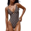 image:imageLASLULU Womens Sexy One Piece Swimsuits V Neck Padded Bathing Suit Modest Front Cutout Open Back Slimming SwimsuitCocoa White Polka