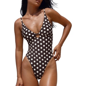 image:imageLASLULU Womens Sexy One Piece Swimsuits V Neck Padded Bathing Suit Modest Front Cutout Open Back Slimming SwimsuitCocoa White Polka
