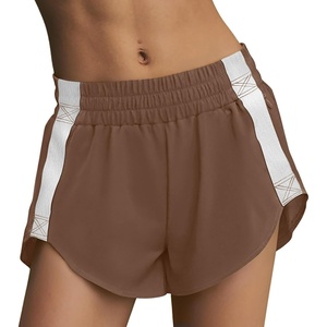 image:imageLASLULU Womens Running Shorts Contrast Color Biker Athletic Workout Summer Gym Shorts Quick Dry with Zip PocketBrown