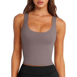 image:imageLASLULU Womens Sport Bras Long Line Workout Yoga Gym Athletic Tops Clothes Shirts Camisole Padded Crop Tank TopsDark Grey