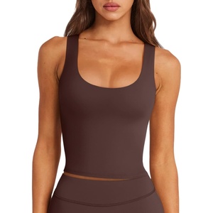 image:imageLASLULU Womens Sport Bras Long Line Workout Yoga Gym Athletic Tops Clothes Shirts Camisole Padded Crop Tank TopsEspresso