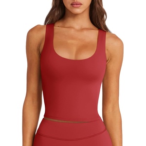 image:imageLASLULU Womens Sport Bras Long Line Workout Yoga Gym Athletic Tops Clothes Shirts Camisole Padded Crop Tank TopsRed