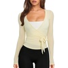image:imageLASLULU Womens Long Sleeve Tie Front Wrap Tops Yoga Shrugs Long CardiganBeige