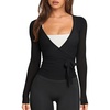 image:imageLASLULU Womens Long Sleeve Tie Front Wrap Tops Yoga Shrugs Long CardiganBlack