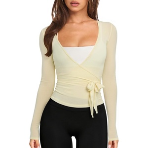 image:imageLASLULU Womens Long Sleeve Tie Front Wrap Tops Yoga Shrugs Long CardiganBeige