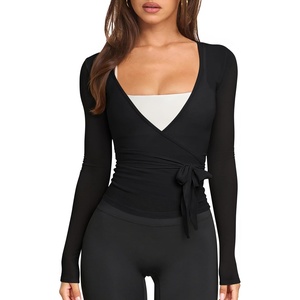image:imageLASLULU Womens Long Sleeve Tie Front Wrap Tops Yoga Shrugs Long CardiganBlack