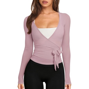 image:imageLASLULU Womens Long Sleeve Tie Front Wrap Tops Yoga Shrugs Long CardiganBlush Pink