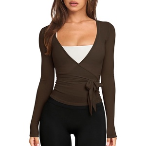 image:imageLASLULU Womens Long Sleeve Tie Front Wrap Tops Yoga Shrugs Long CardiganCoffee