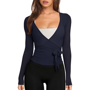 image:imageLASLULU Womens Long Sleeve Tie Front Wrap Tops Yoga Shrugs Long CardiganNavy Blue