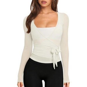 image:imageLASLULU Womens Long Sleeve Tie Front Wrap Tops Yoga Shrugs Long CardiganWhite