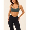 image:imageLASLULU Womens Halter Sports Bras Scoop Neck Workout Tops Padded BacklessForest Green