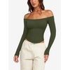 image:imageLASLULU Womens Sexy Off The Shoulder Long Sleeve Strapless Workout Crop TopArmy Green