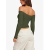 image:imageLASLULU Womens Sexy Off The Shoulder Long Sleeve Strapless Workout Crop TopArmy Green