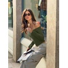 image:imageLASLULU Womens Sexy Off The Shoulder Long Sleeve Strapless Workout Crop TopArmy Green