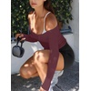image:imageLASLULU Womens Sexy Off The Shoulder Long Sleeve Strapless Workout Crop TopBurgundy