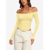 image:imageLASLULU Womens Sexy Off The Shoulder Long Sleeve Strapless Workout Crop TopButter Yellow