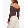 image:imageLASLULU Womens Sexy Off The Shoulder Long Sleeve Strapless Workout Crop TopCoffee