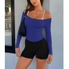 image:imageLASLULU Womens Sexy Off The Shoulder Long Sleeve Strapless Workout Crop TopKlein Blue