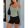 image:imageLASLULU Womens Sexy Off The Shoulder Long Sleeve Strapless Workout Crop TopLight Green
