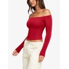 image:imageLASLULU Womens Sexy Off The Shoulder Long Sleeve Strapless Workout Crop TopRed