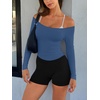image:imageLASLULU Womens Sexy Off The Shoulder Long Sleeve Strapless Workout Crop TopStarry Blue