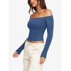 image:imageLASLULU Womens Sexy Off The Shoulder Long Sleeve Strapless Workout Crop TopStarry Blue