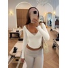 image:imageLASLULU Womens V Neck Long Sleeve Workout Tops Cross Wrap Off ShoulderBeige