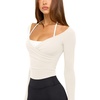 image:imageLASLULU Womens V Neck Long Sleeve Workout Tops Cross Wrap Off ShoulderBeige