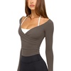 image:imageLASLULU Womens V Neck Long Sleeve Workout Tops Cross Wrap Off ShoulderCoffee