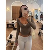 image:imageLASLULU Womens V Neck Long Sleeve Workout Tops Cross Wrap Off ShoulderCoffee