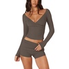 image:imageLASLULU Womens V Neck Long Sleeve Workout Tops Cross Wrap Off ShoulderCoffee