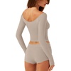 image:imageLASLULU Womens V Neck Long Sleeve Workout Tops Cross Wrap Off ShoulderLight Coffee