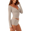 image:imageLASLULU Womens V Neck Long Sleeve Workout Tops Cross Wrap Off ShoulderLight Coffee